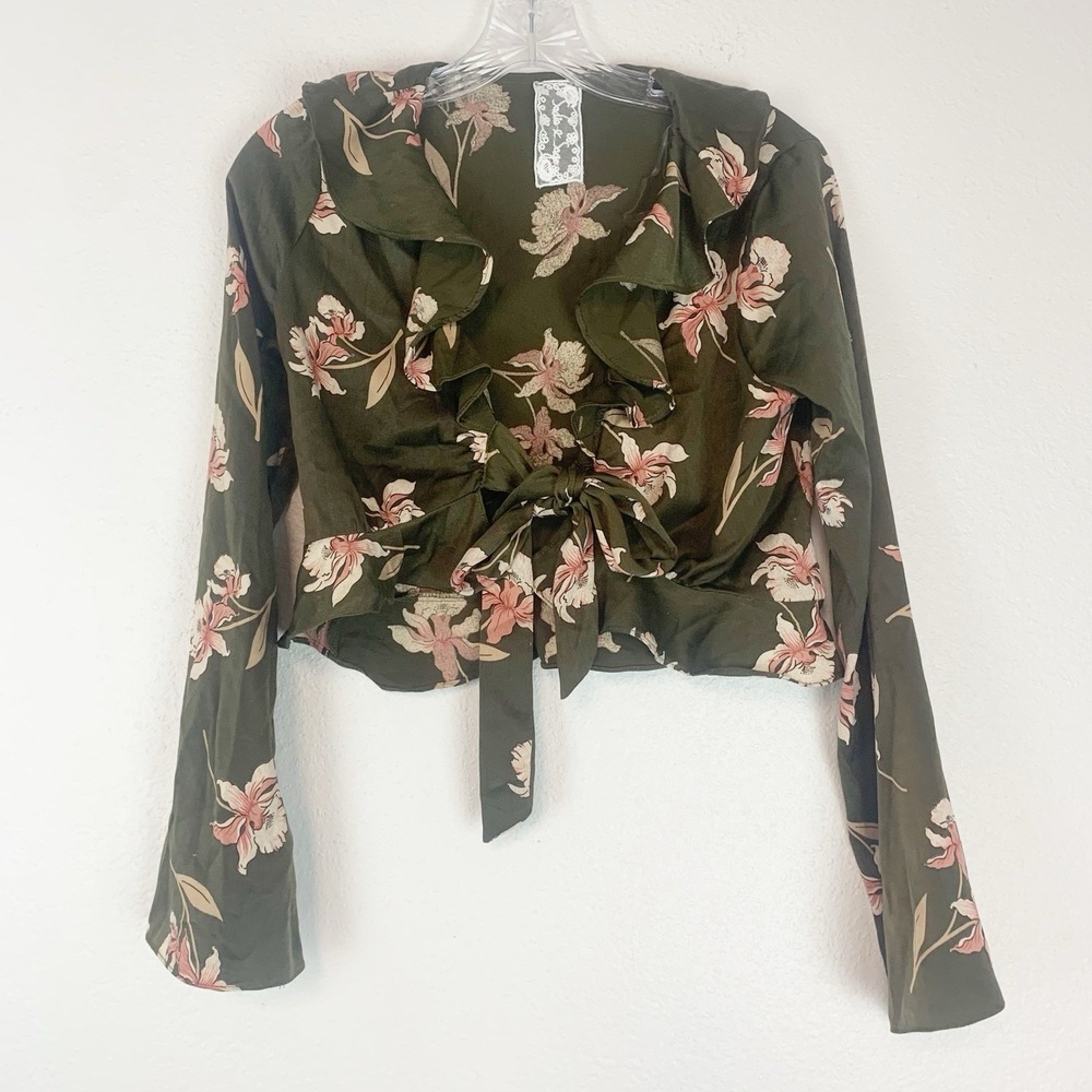 Sadie & Sage Top Womens Small Ruffle Crop Forest Fairy Boho Tie Front Blouse S